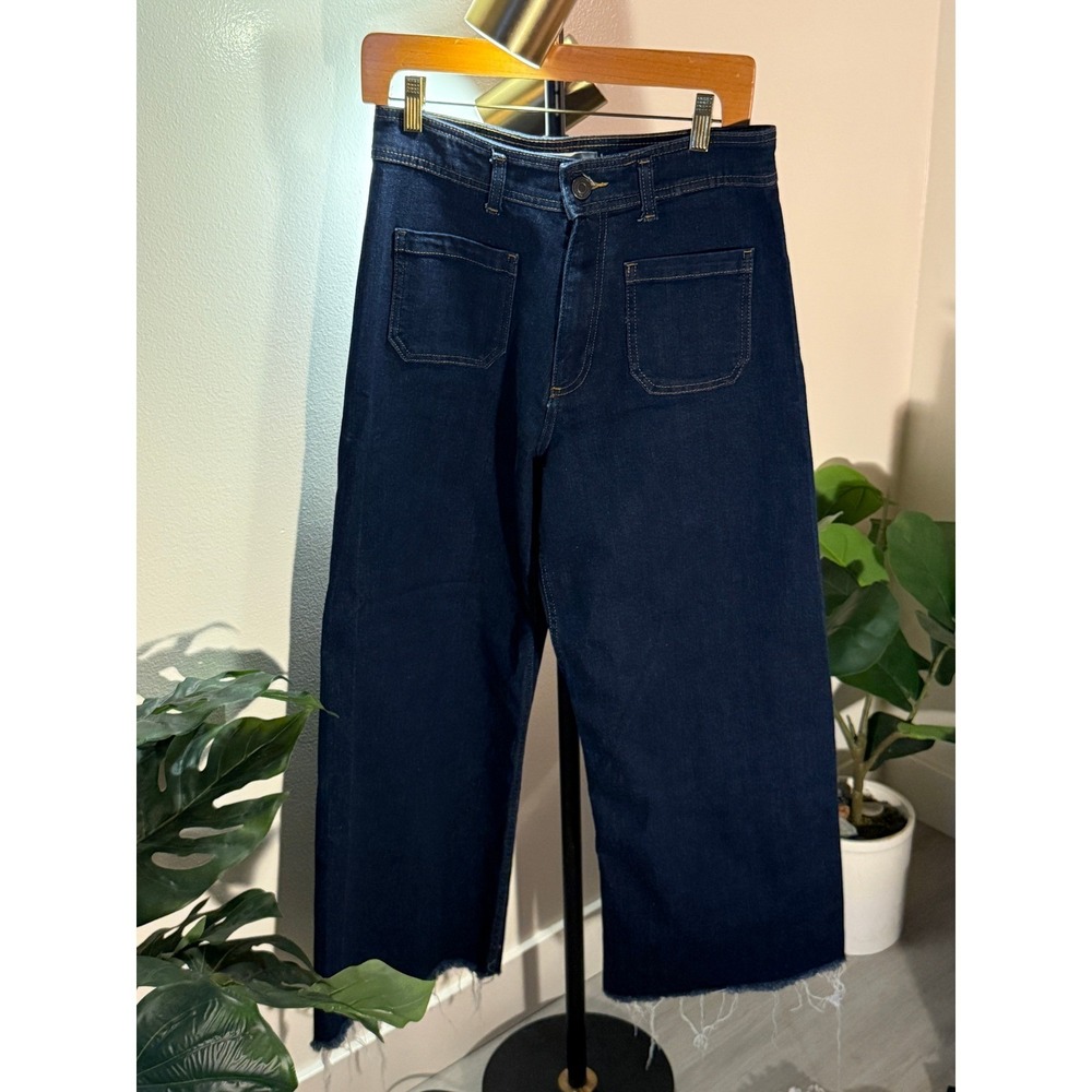 Zara denim sailor‎ indigo blue High Rise Wide Leg Raw Hem Patch Pockets Size 10